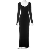 Robe fourreau longue ajourée, découpe, col en V, fente latérale discrète